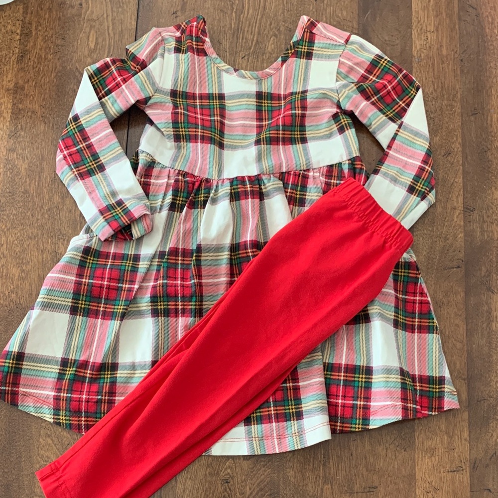Hanna Andersson Plaid Dress with Red Leggings
